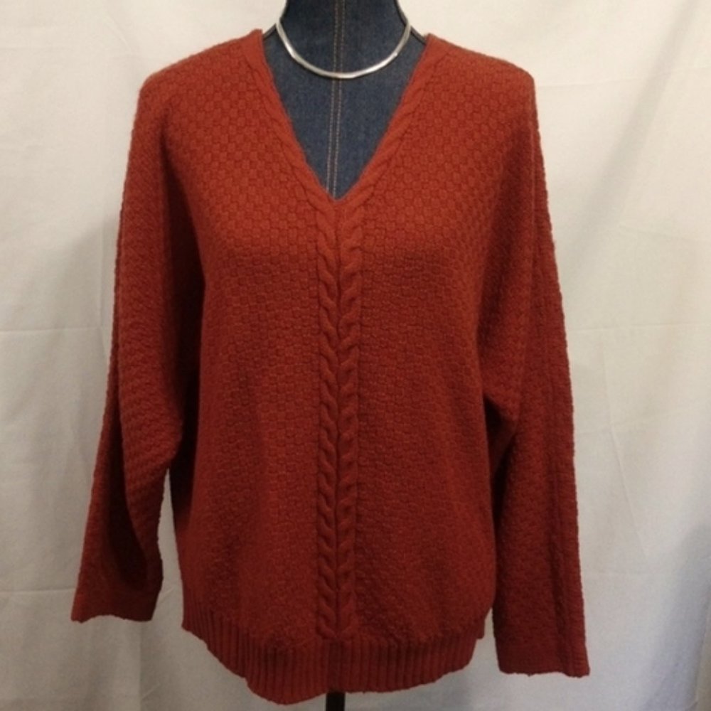 Cozy V-Neck Cable-Front Sweater in Rust